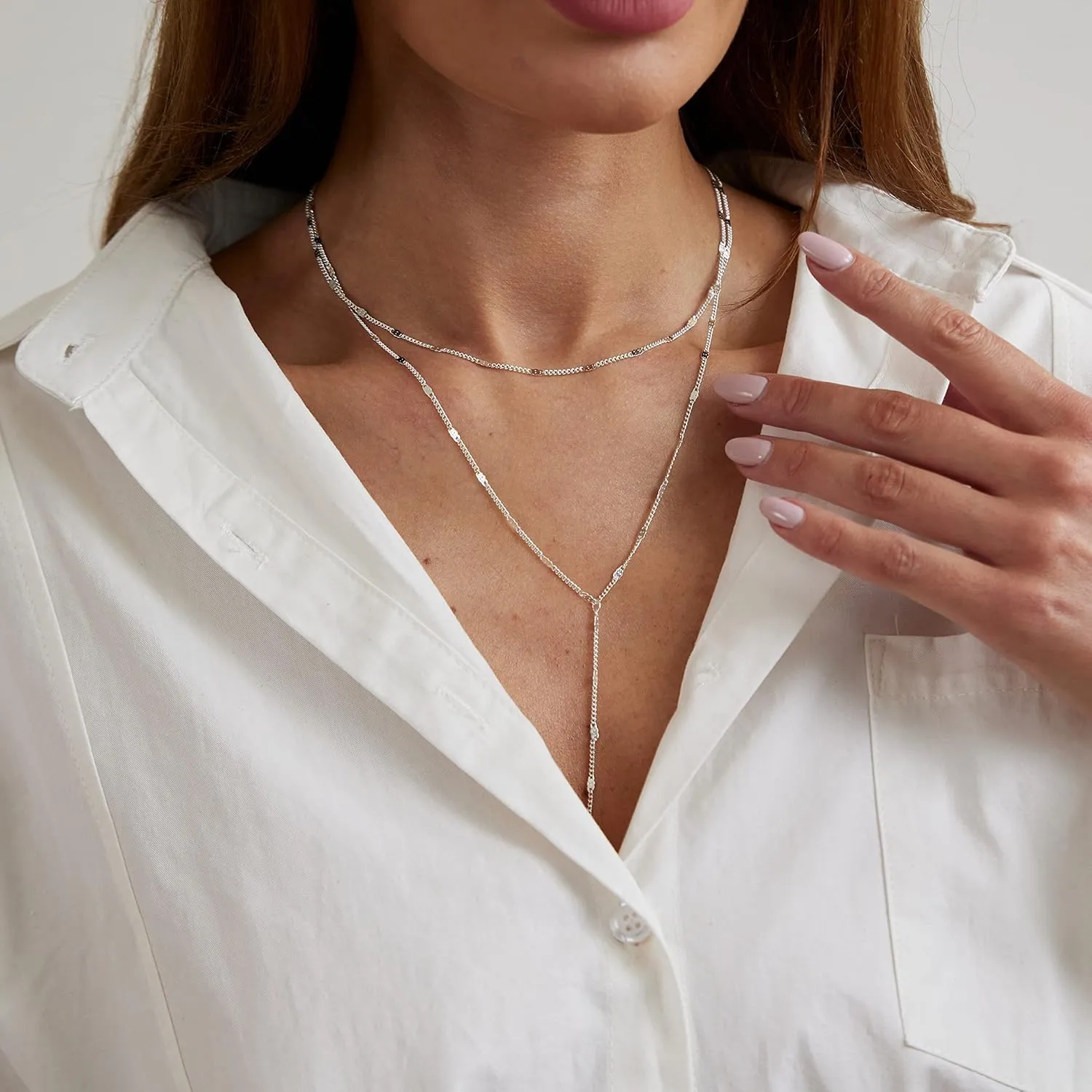 CAROVO Lariat Necklace for Women,Dainty Silver Necklace 14k Gold Plated Diamond Lariat Y-Shaped Long Drop Necklaces Lip Sparkle Dot Chain Bead Necklace Jewelry for Gifts