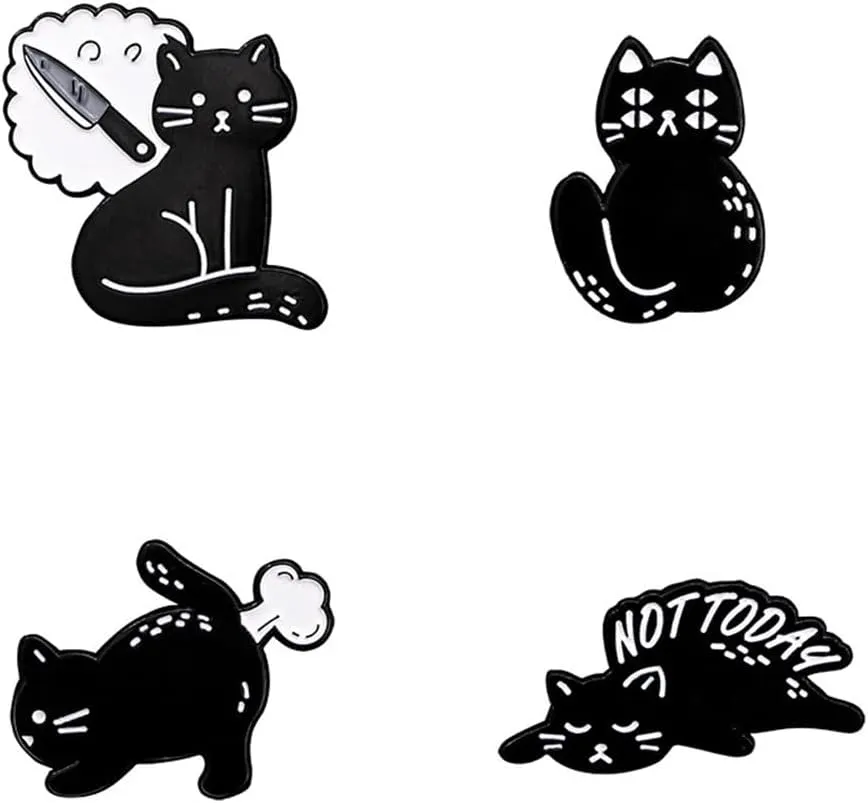 Cat And Knife Enamel Pin Set Black Cat Kitty Horror killer Animal Badge Not Today Funny Words Collar lapel Pin Jewelry Gothic Gift For Women Girls Clothing Jackets Bag DIY Craft