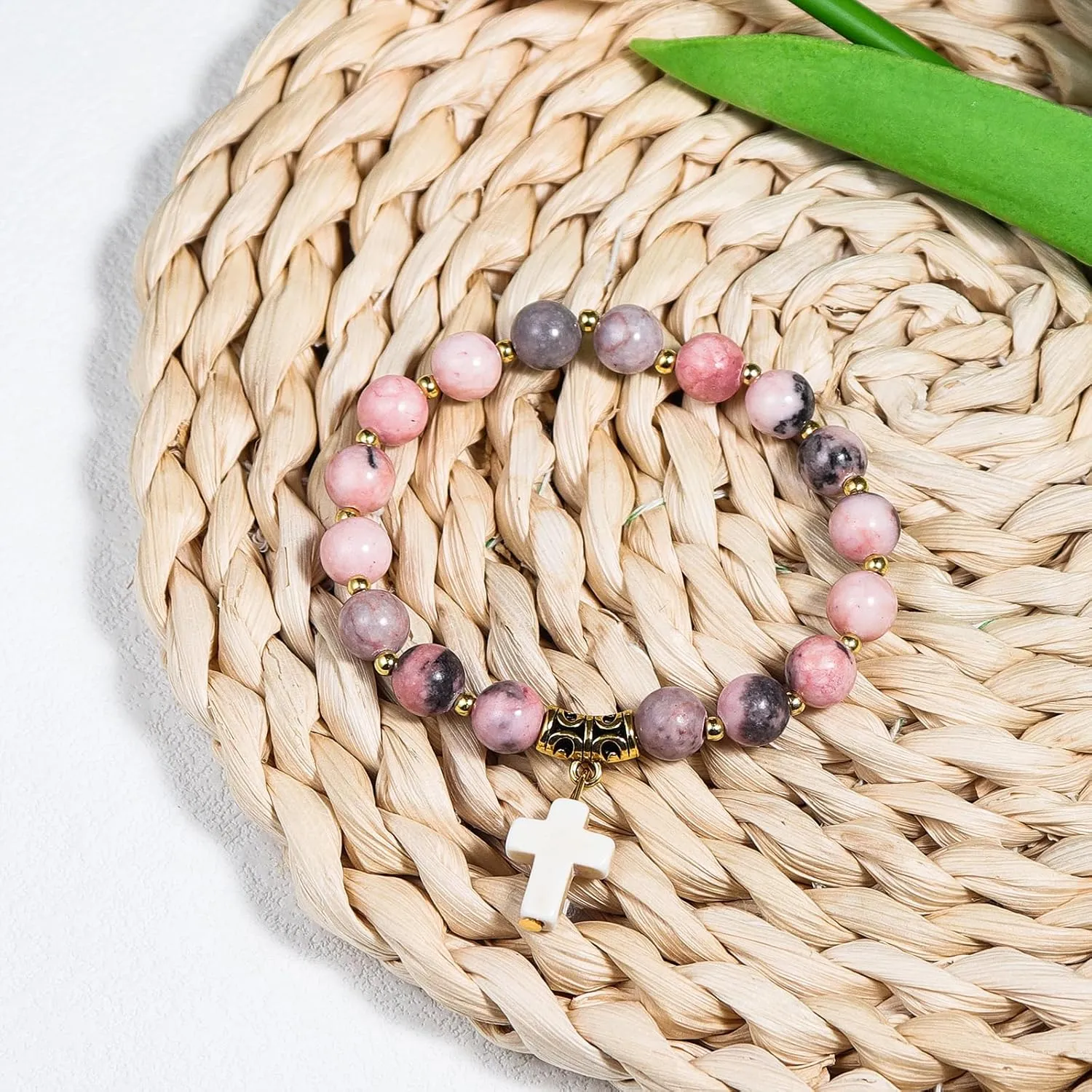 Catholic Cross Beads Stretch Bracelet - Zebra Stone Pink, Religious Jewelry for Women, Godmother, Teen Girls, Mothers Day, Easter, Inspirational Gifts