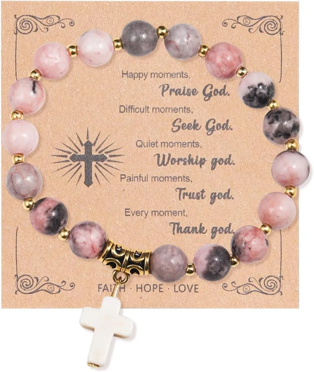 Catholic Cross Beads Stretch Bracelet - Zebra Stone Pink, Religious Jewelry for Women, Godmother, Teen Girls, Mothers Day, Easter, Inspirational Gifts