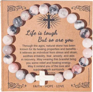 Catholic Cross Beads Stretch Bracelet - Zebra Stone Pink, Religious Jewelry for Women, Godmother, Teen Girls, Mothers Day, Easter, Inspirational Gifts
