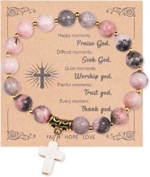 Catholic Cross Beads Stretch Bracelet - Zebra Stone Pink, Religious Jewelry for Women, Godmother, Teen Girls, Mothers Day, Easter, Inspirational Gifts