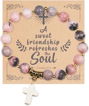 Catholic Cross Beads Stretch Bracelet - Zebra Stone Pink, Religious Jewelry for Women, Godmother, Teen Girls, Mothers Day, Easter, Inspirational Gifts