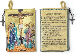 Catholic Rosary Pouch  Woven Tapestry Crucifixion & Anima Christi Soul of Christ Prayer Purse From The Holy Land - Coin & Rosary Case w/Cross Pendant Zipper - Catholic Gifts for Women (4" x 6")