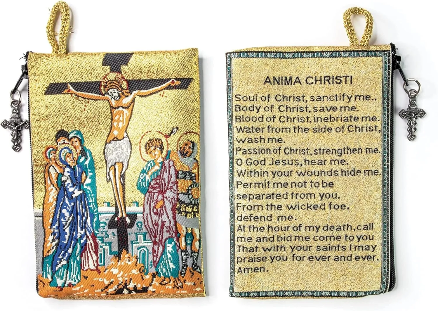 Catholic Rosary Pouch  Woven Tapestry Crucifixion & Anima Christi Soul of Christ Prayer Purse From The Holy Land - Coin & Rosary Case w/Cross Pendant Zipper - Catholic Gifts for Women (4" x 6")