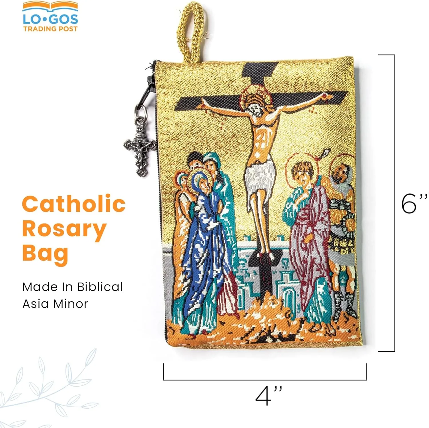 Catholic Rosary Pouch  Woven Tapestry Crucifixion & Anima Christi Soul of Christ Prayer Purse From The Holy Land - Coin & Rosary Case w/Cross Pendant Zipper - Catholic Gifts for Women (4" x 6")