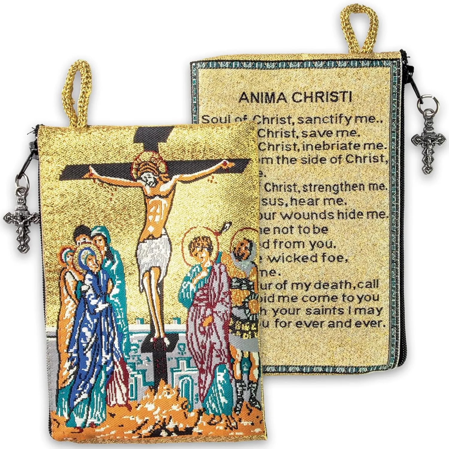Catholic Rosary Pouch  Woven Tapestry Crucifixion & Anima Christi Soul of Christ Prayer Purse From The Holy Land - Coin & Rosary Case w/Cross Pendant Zipper - Catholic Gifts for Women (4" x 6")