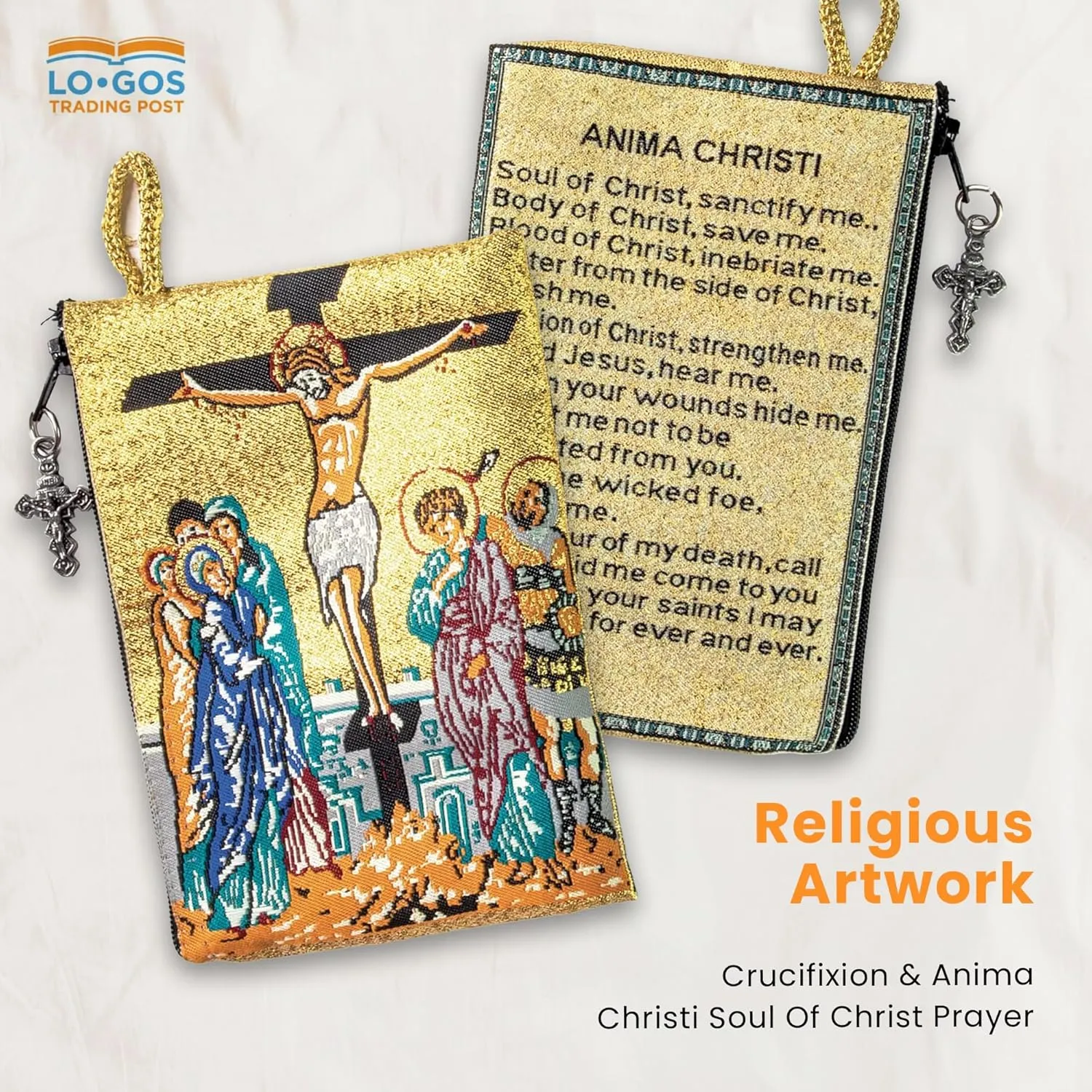 Catholic Rosary Pouch  Woven Tapestry Crucifixion & Anima Christi Soul of Christ Prayer Purse From The Holy Land - Coin & Rosary Case w/Cross Pendant Zipper - Catholic Gifts for Women (4" x 6")