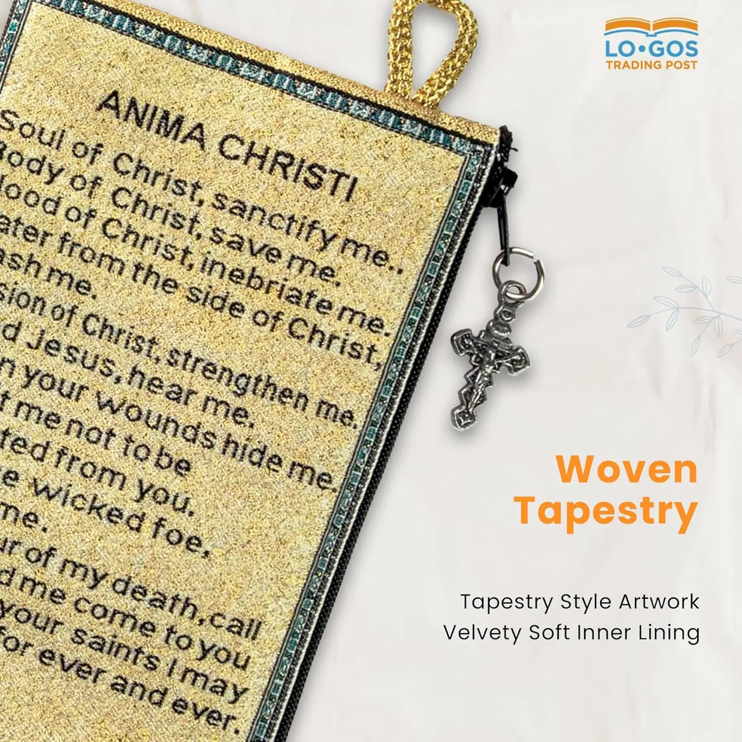 Catholic Rosary Pouch  Woven Tapestry Crucifixion & Anima Christi Soul of Christ Prayer Purse From The Holy Land - Coin & Rosary Case w/Cross Pendant Zipper - Catholic Gifts for Women (4" x 6")