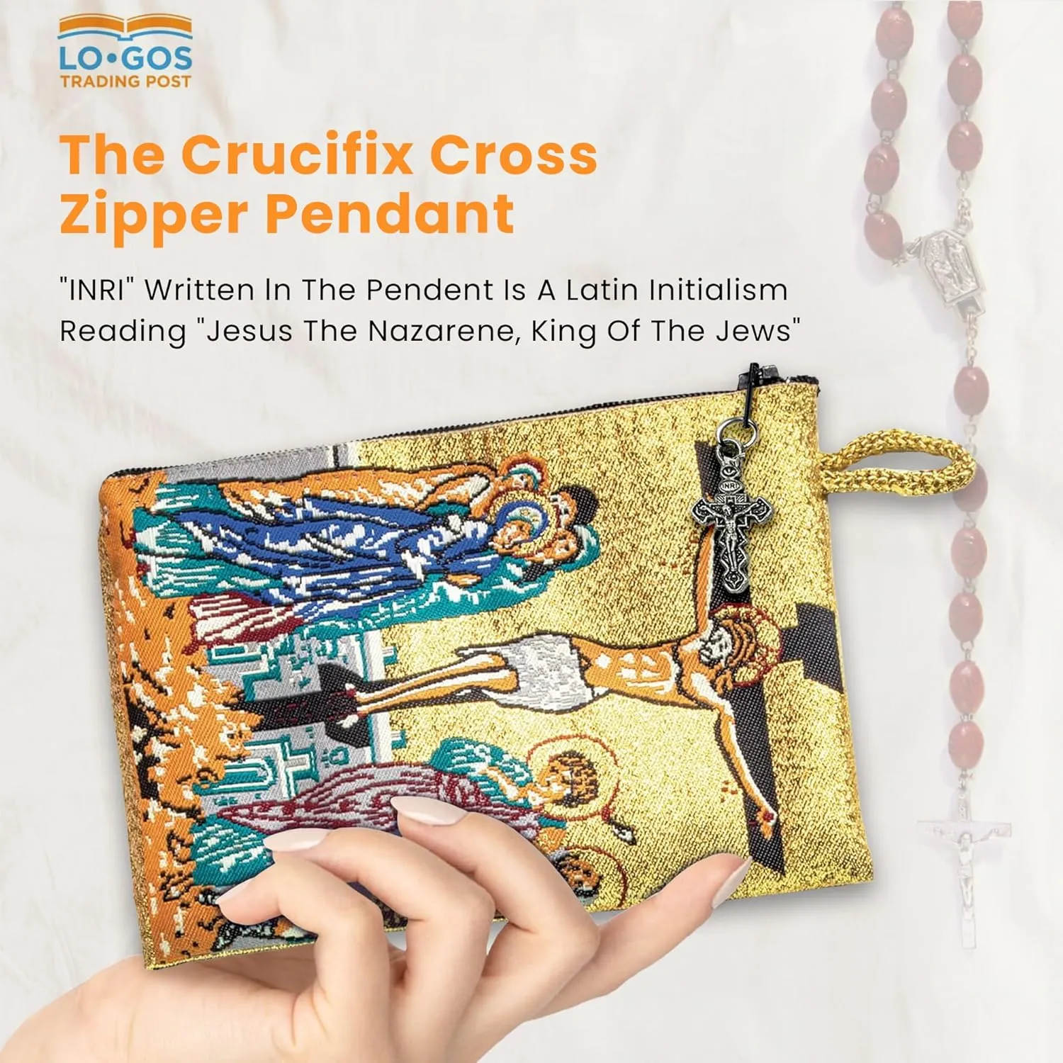 Catholic Rosary Pouch  Woven Tapestry Crucifixion & Anima Christi Soul of Christ Prayer Purse From The Holy Land - Coin & Rosary Case w/Cross Pendant Zipper - Catholic Gifts for Women (4" x 6")