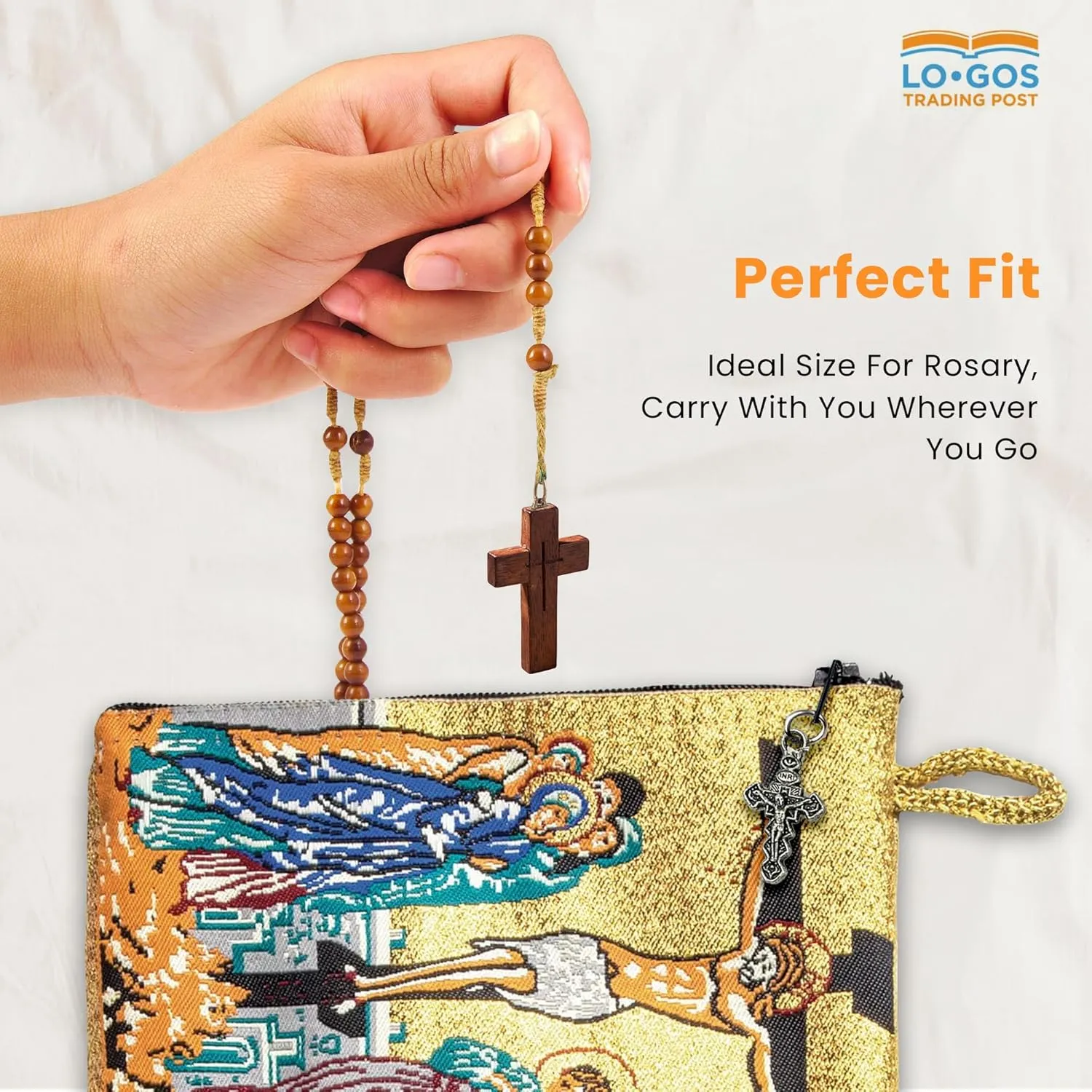 Catholic Rosary Pouch  Woven Tapestry Crucifixion & Anima Christi Soul of Christ Prayer Purse From The Holy Land - Coin & Rosary Case w/Cross Pendant Zipper - Catholic Gifts for Women (4" x 6")