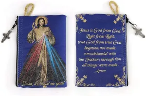Catholic Rosary Pouch  Woven Tapestry Divine Mercy of Jesus & Jesus is God Purse From The Holy Land - Coin, Jewelry & Rosary Case w/Cross Pendant Zipper - Catholic Gifts for Women (4" x 6")