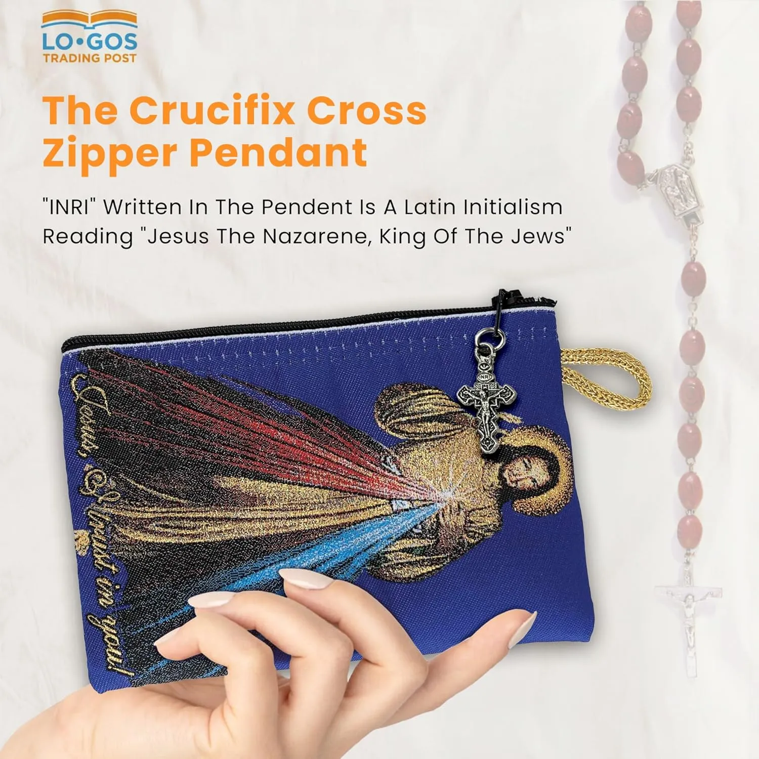 Catholic Rosary Pouch  Woven Tapestry Divine Mercy of Jesus & Jesus is God Purse From The Holy Land - Coin, Jewelry & Rosary Case w/Cross Pendant Zipper - Catholic Gifts for Women (4" x 6")