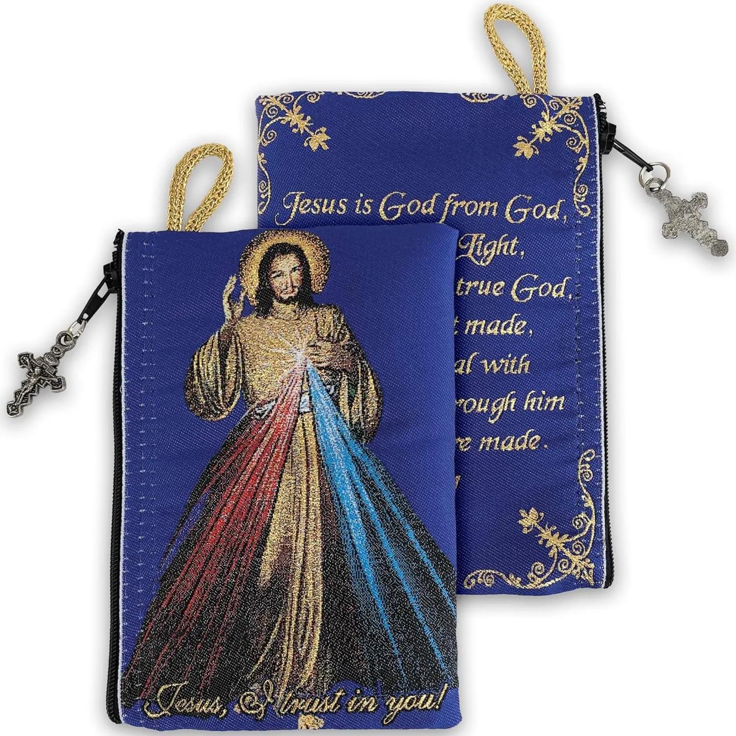 Catholic Rosary Pouch  Woven Tapestry Divine Mercy of Jesus & Jesus is God Purse From The Holy Land - Coin, Jewelry & Rosary Case w/Cross Pendant Zipper - Catholic Gifts for Women (4" x 6")