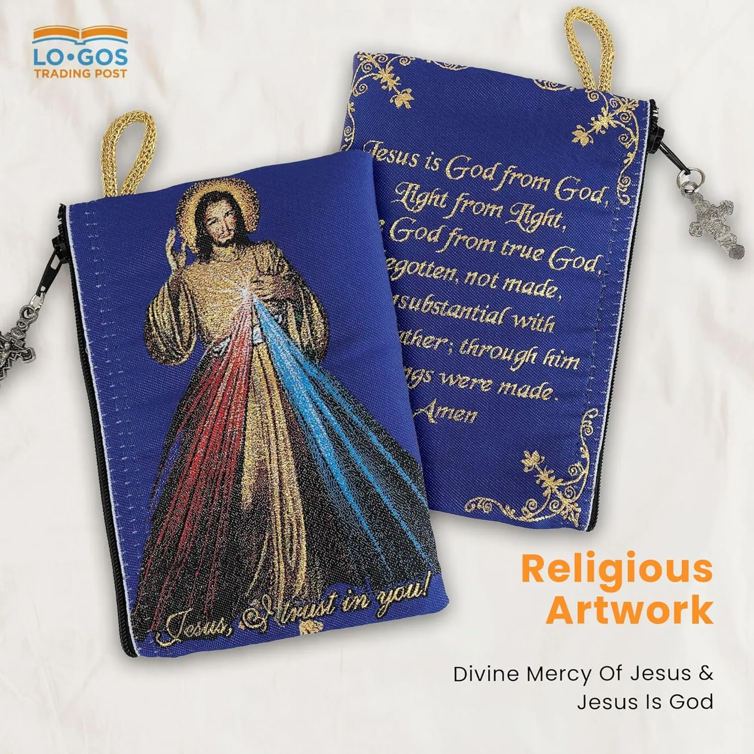 Catholic Rosary Pouch  Woven Tapestry Divine Mercy of Jesus & Jesus is God Purse From The Holy Land - Coin, Jewelry & Rosary Case w/Cross Pendant Zipper - Catholic Gifts for Women (4" x 6")