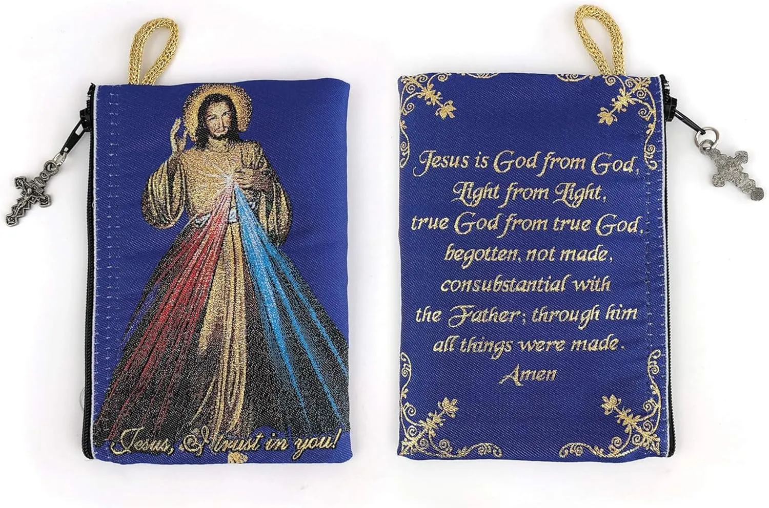 Catholic Rosary Pouch  Woven Tapestry Divine Mercy of Jesus & Jesus is God Purse From The Holy Land - Coin, Jewelry & Rosary Case w/Cross Pendant Zipper - Catholic Gifts for Women (4" x 6")
