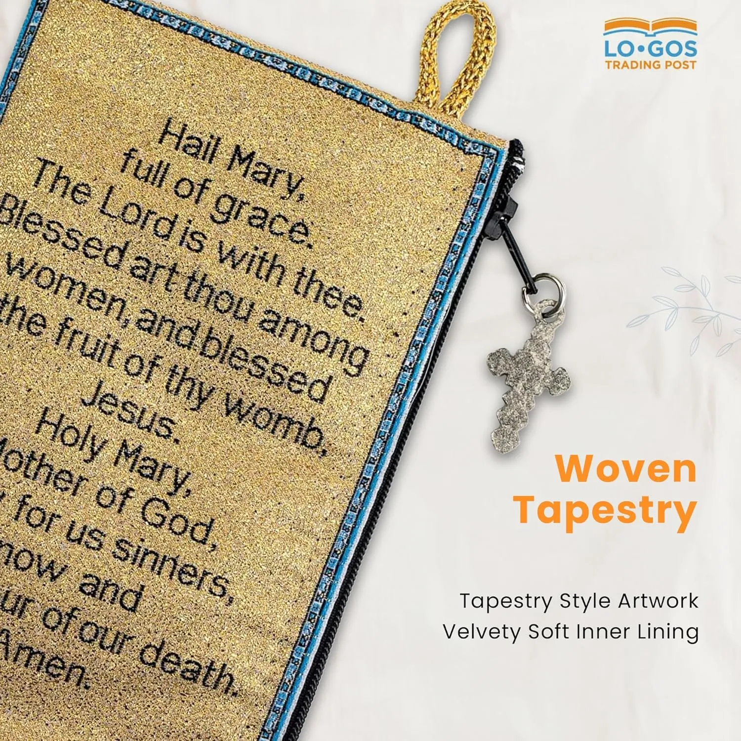 Catholic Rosary Pouch  Woven Tapestry Virgin Mary and Child & Hail Mary Prayer Purse From The Holy Land - Coin, Jewelry & Rosary Case w/Cross Pendant Zipper - Catholic Gifts for Women (4" x 6")