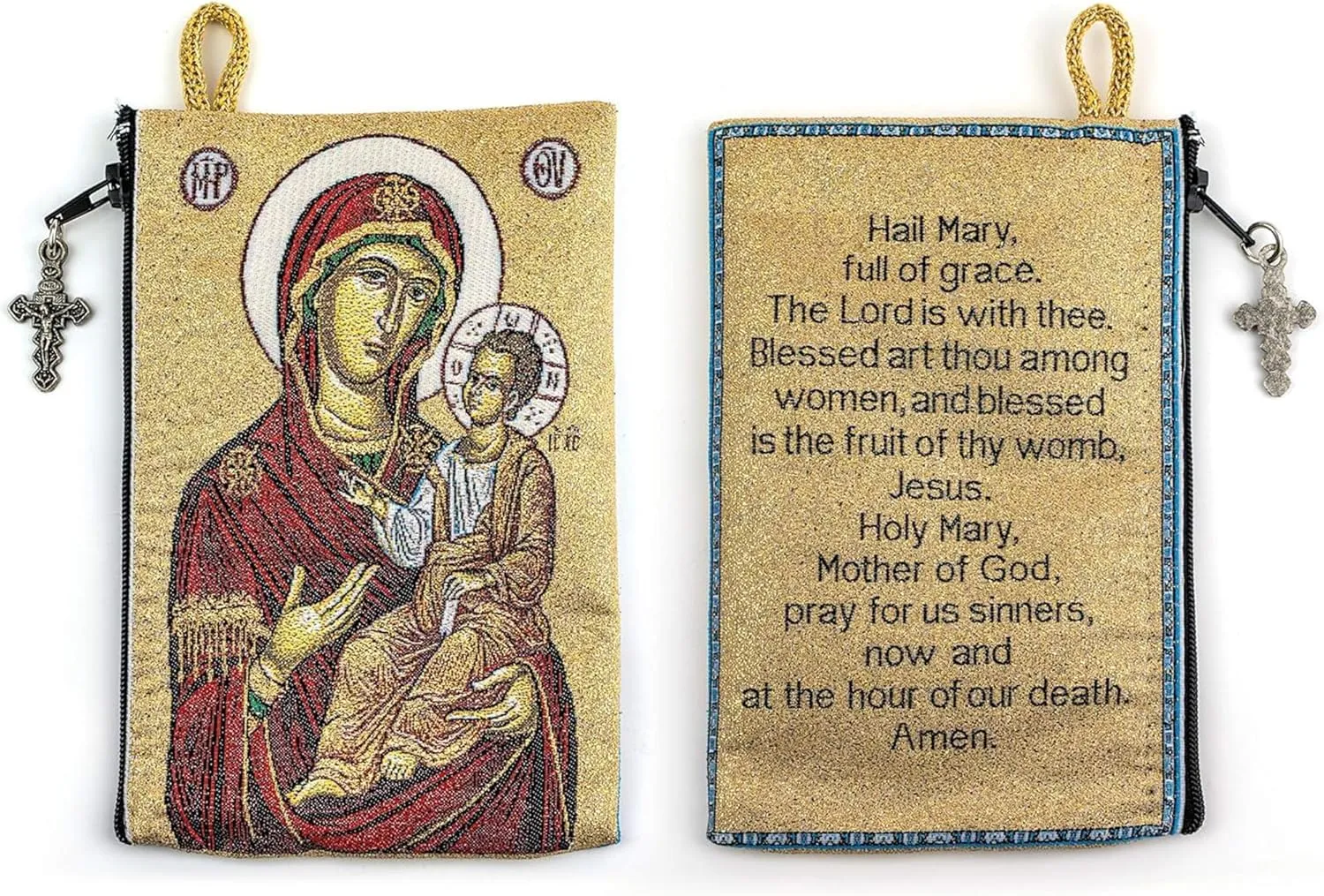 Catholic Rosary Pouch  Woven Tapestry Virgin Mary and Child & Hail Mary Prayer Purse From The Holy Land - Coin, Jewelry & Rosary Case w/Cross Pendant Zipper - Catholic Gifts for Women (4" x 6")
