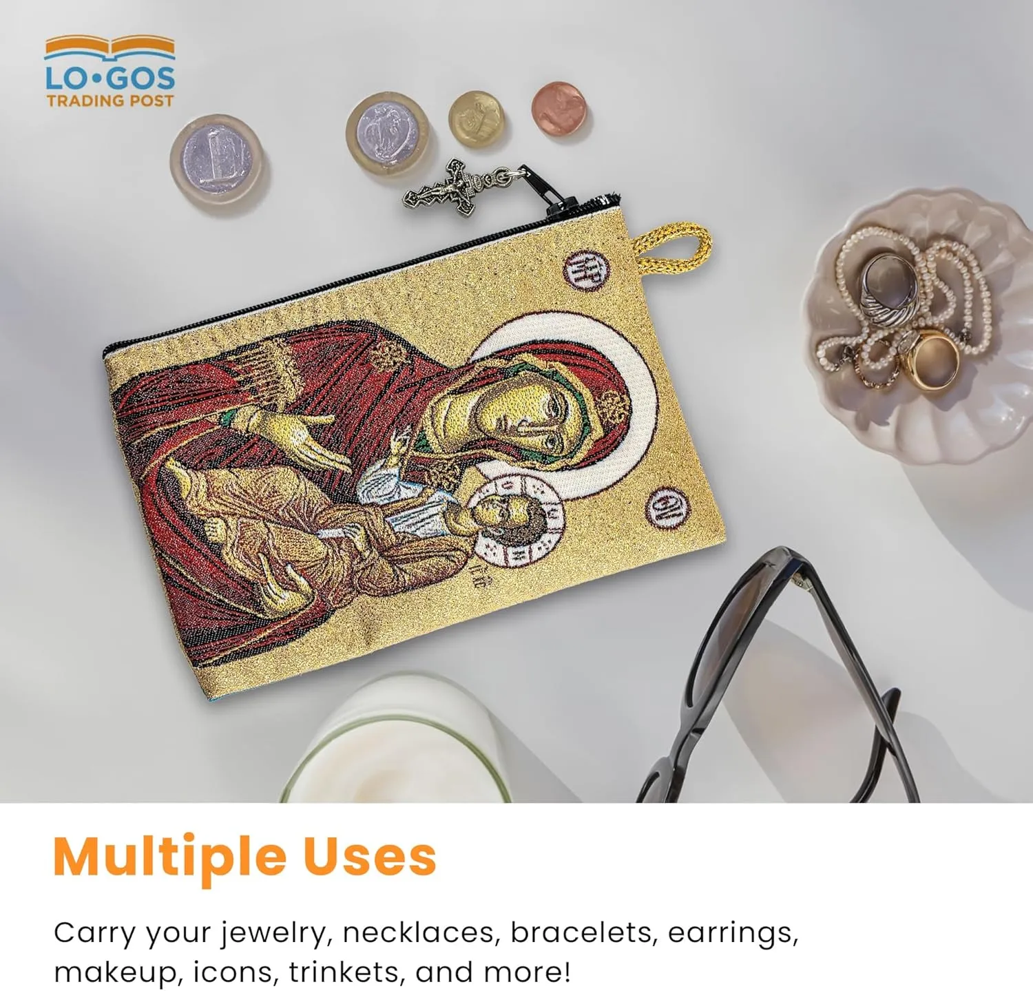 Catholic Rosary Pouch  Woven Tapestry Virgin Mary and Child & Hail Mary Prayer Purse From The Holy Land - Coin, Jewelry & Rosary Case w/Cross Pendant Zipper - Catholic Gifts for Women (4" x 6")