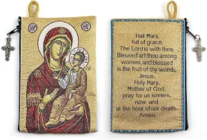 Catholic Rosary Pouch  Woven Tapestry Virgin Mary and Child & Hail Mary Prayer Purse From The Holy Land - Coin, Jewelry & Rosary Case w/Cross Pendant Zipper - Catholic Gifts for Women (4" x 6")