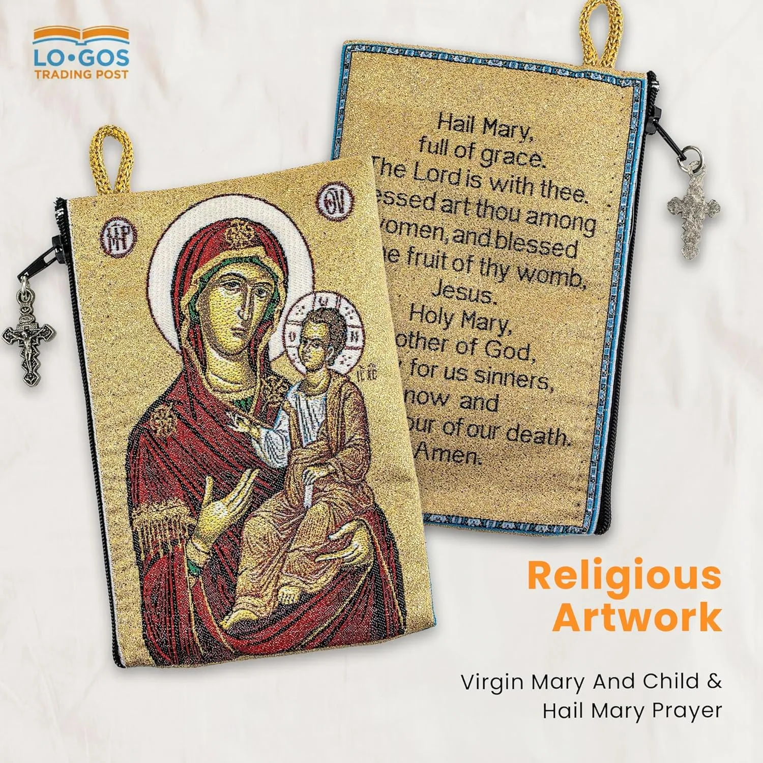Catholic Rosary Pouch  Woven Tapestry Virgin Mary and Child & Hail Mary Prayer Purse From The Holy Land - Coin, Jewelry & Rosary Case w/Cross Pendant Zipper - Catholic Gifts for Women (4" x 6")