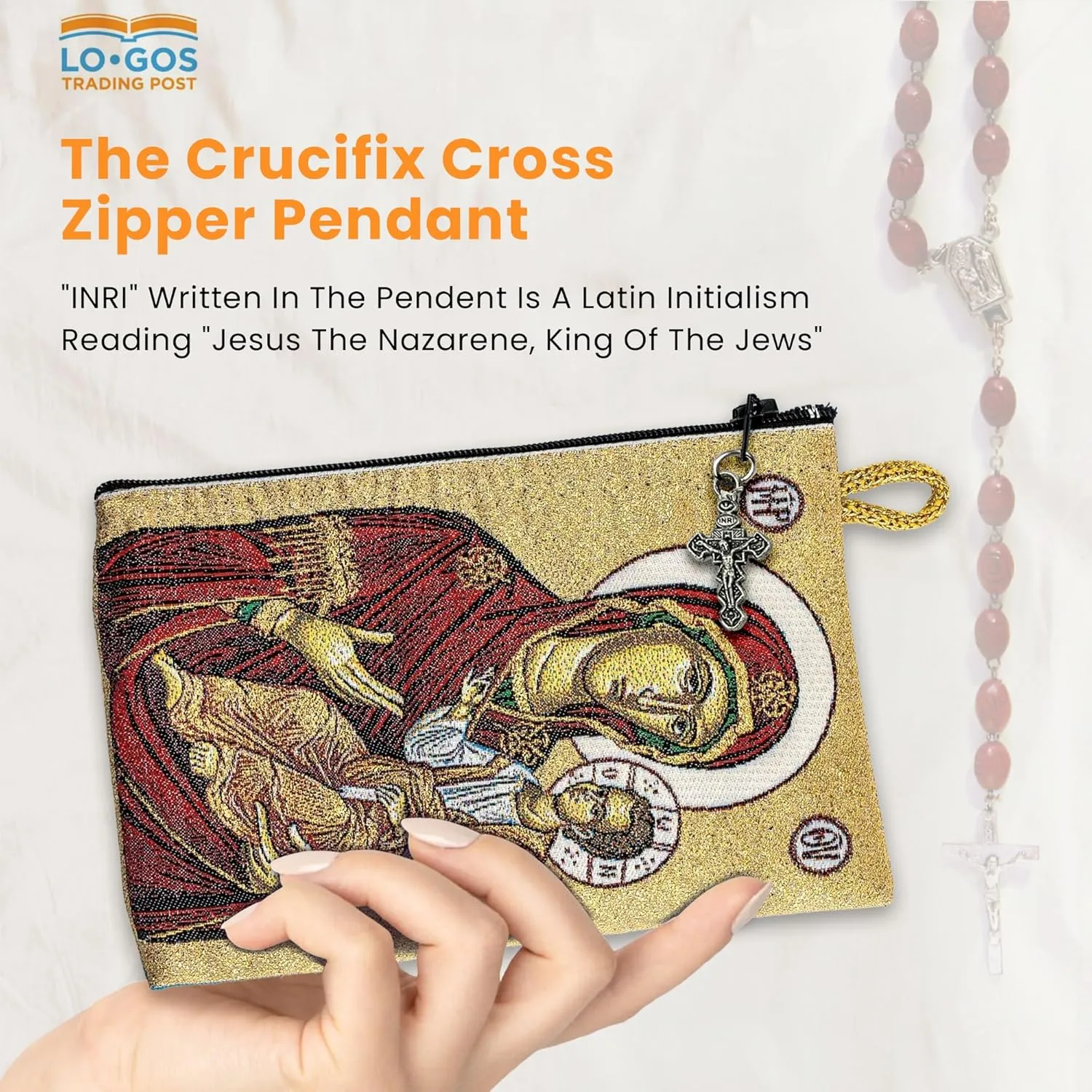 Catholic Rosary Pouch  Woven Tapestry Virgin Mary and Child & Hail Mary Prayer Purse From The Holy Land - Coin, Jewelry & Rosary Case w/Cross Pendant Zipper - Catholic Gifts for Women (4" x 6")
