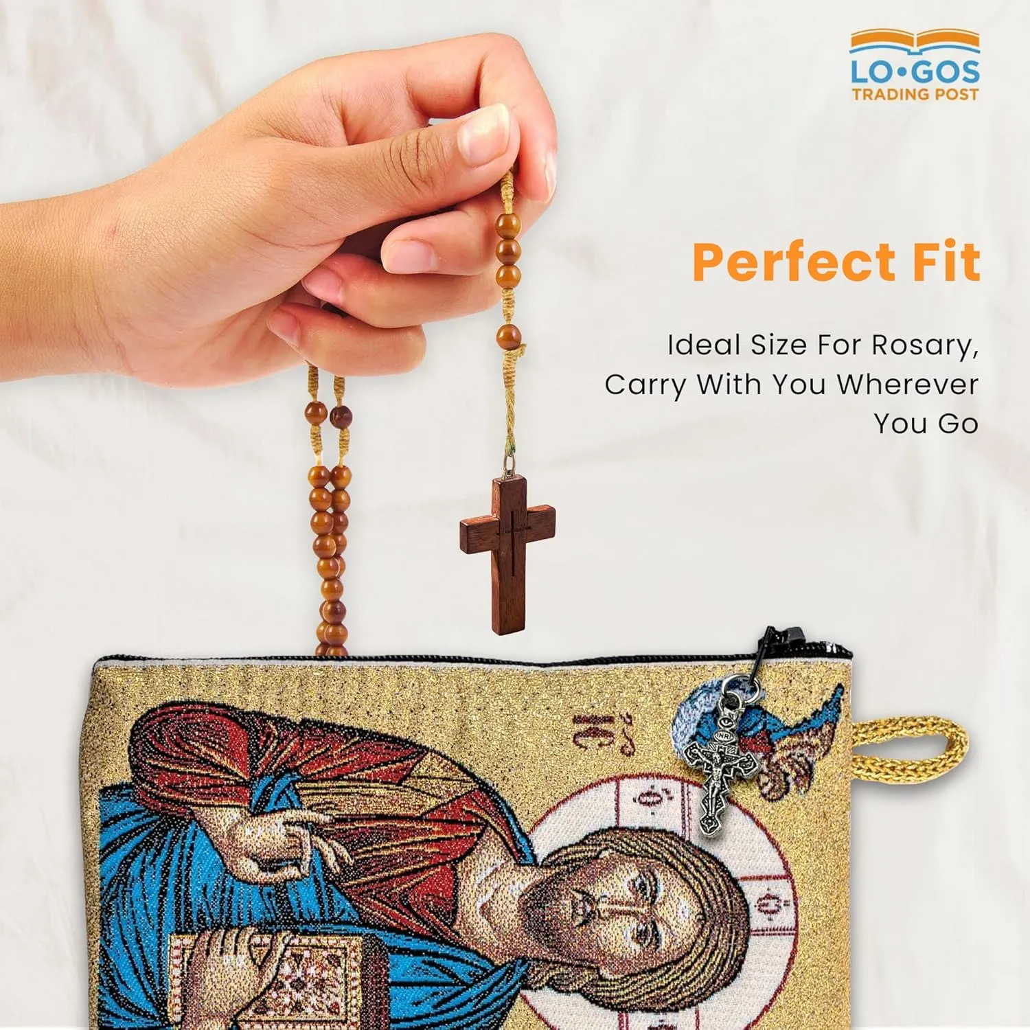 Catholic Rosary Pouch  Woven Tapestry Virgin Mary and Child & Hail Mary Prayer Purse From The Holy Land - Coin, Jewelry & Rosary Case w/Cross Pendant Zipper - Catholic Gifts for Women (4" x 6")