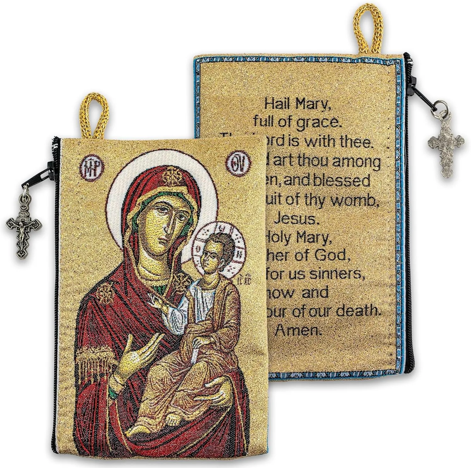 Catholic Rosary Pouch  Woven Tapestry Virgin Mary and Child & Hail Mary Prayer Purse From The Holy Land - Coin, Jewelry & Rosary Case w/Cross Pendant Zipper - Catholic Gifts for Women (4" x 6")