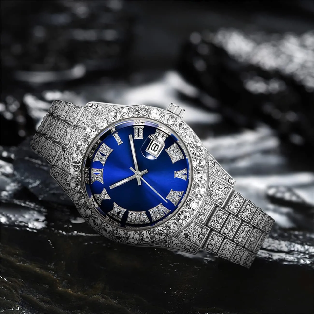 CdyBox Men Hip Hop Watch with Roman Scale Calendar Crystal Rhinestone Watches Stainless Steel Iced-Out Wrist Watch