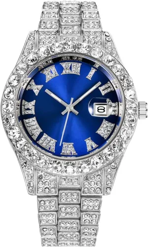 CdyBox Men Hip Hop Watch with Roman Scale Calendar Crystal Rhinestone Watches Stainless Steel Iced-Out Wrist Watch