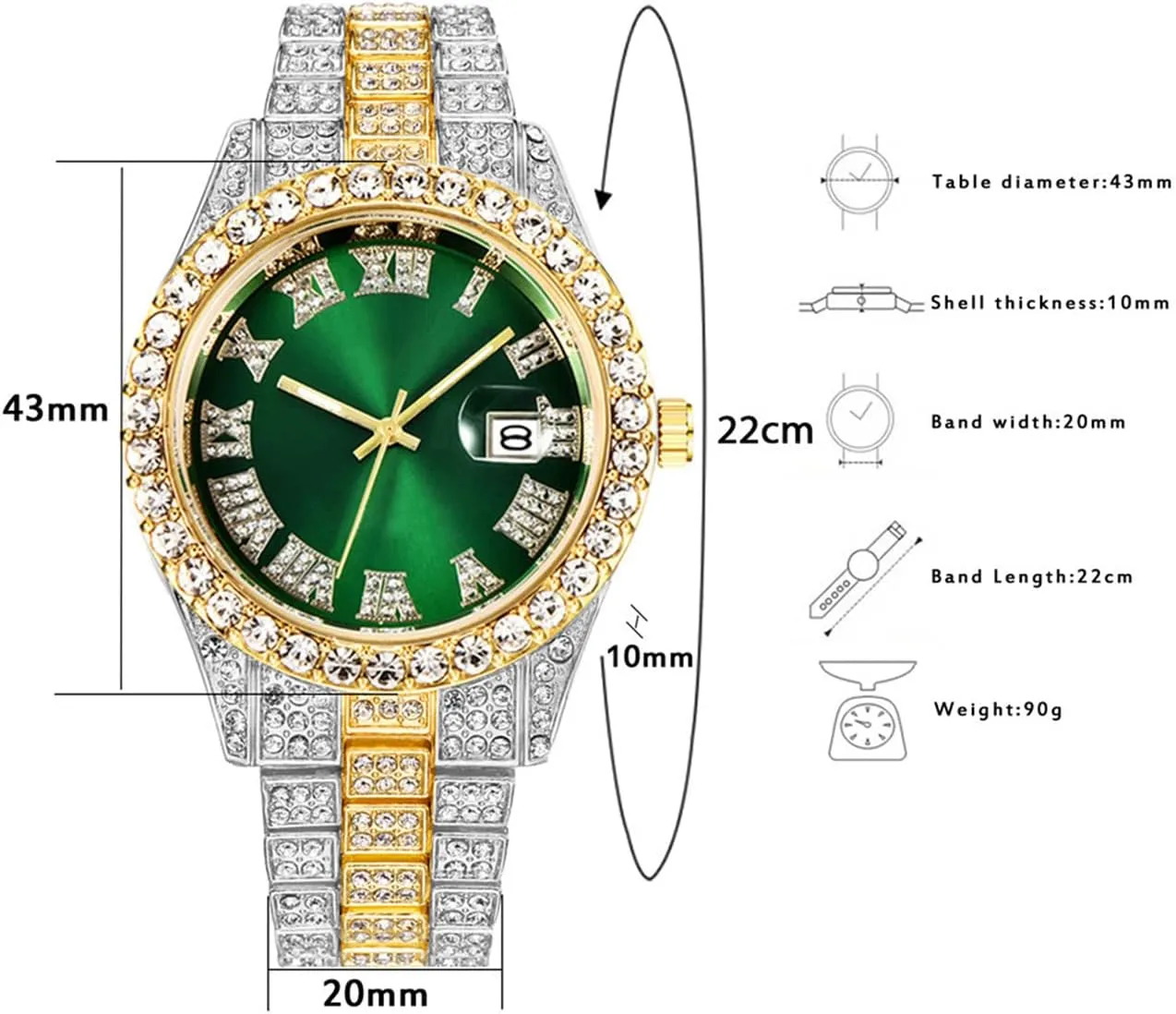 CdyBox Men Hip Hop Watch with Roman Scale Calendar Crystal Rhinestone Watches Stainless Steel Iced-Out Wrist Watch