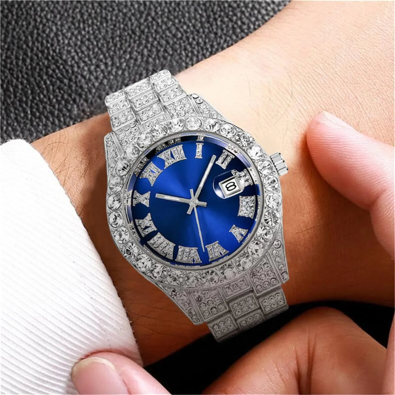 CdyBox Men Hip Hop Watch with Roman Scale Calendar Crystal Rhinestone Watches Stainless Steel Iced-Out Wrist Watch