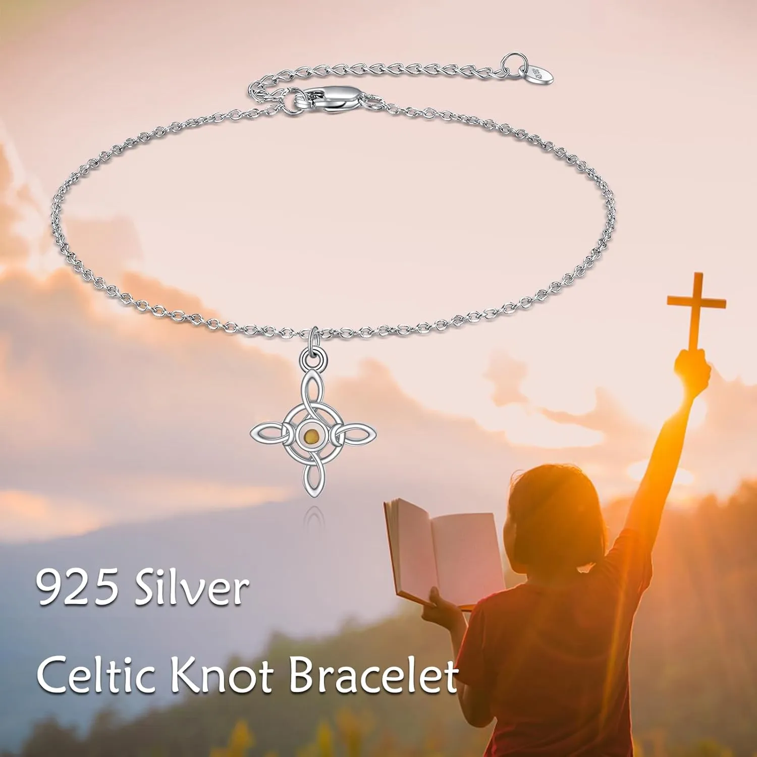 Celtic Knot Bracelet Sterling Silver Mustard Seed/Moonstone/Birthstone Link Anklet/Bracelet Celtic Knot Christian Faith Jewelry Gifts for Women