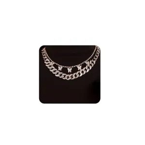 Chargances Boho Crystal Butterfly Necklaces Layered Statement Ice Out Cuban Chain Choker Fashion Rhinestone Silver for Women Gift Party Festival (Silver)