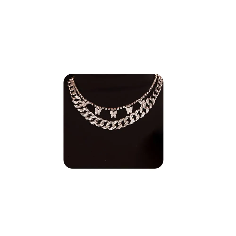 Chargances Boho Crystal Butterfly Necklaces Layered Statement Ice Out Cuban Chain Choker Fashion Rhinestone Silver for Women Gift Party Festival (Silver)