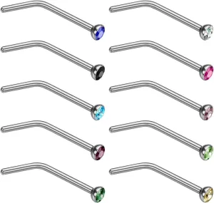 Charisma Small Nose Studs Stainless Steel Curved Nose Stud Bend L Shape Colorful Nose Ring Screw Piercing Jewelry Tiny Bone Studs for Women Men Hypoallergenic 20G (10pcs,Multi-Color, L-Shape,1.8mm)
