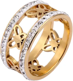Charm Cubic Zirconia Butterfly Band Ring for Women Couples Stainless Steel Jewelry