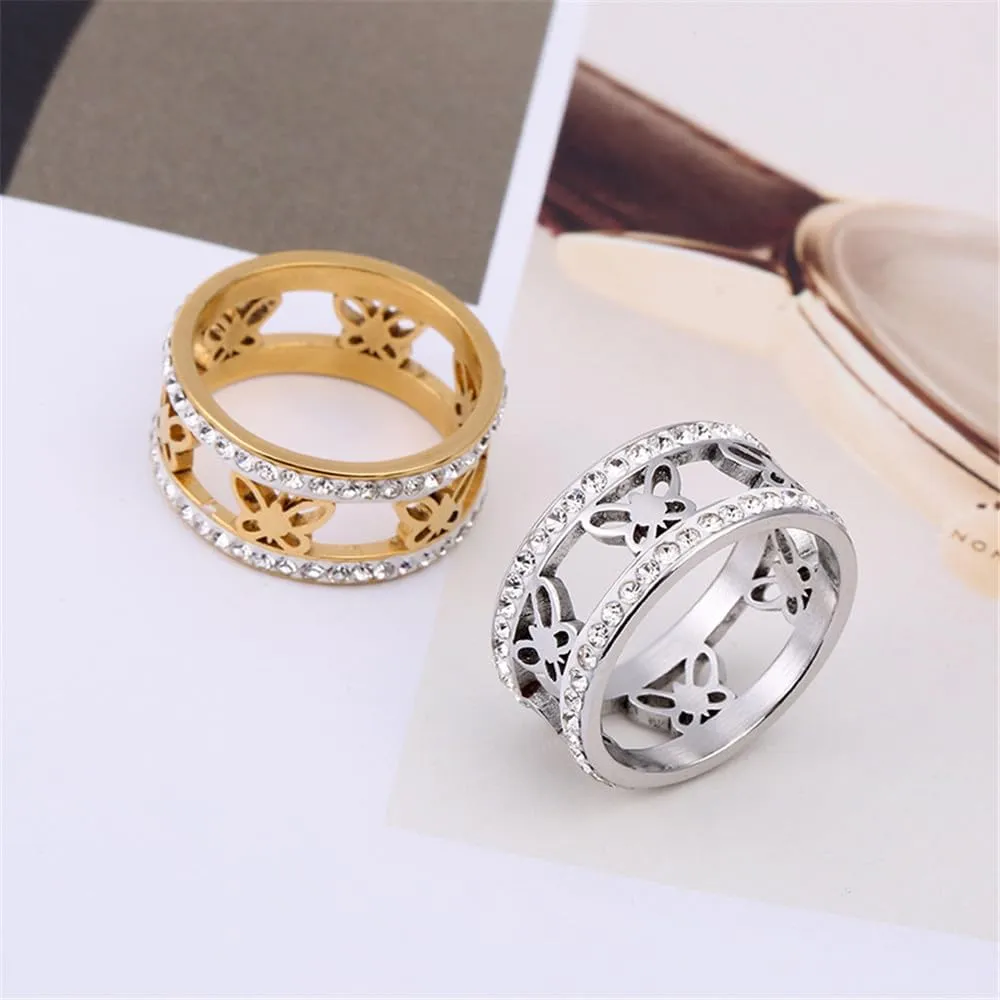 Charm Cubic Zirconia Butterfly Band Ring for Women Couples Stainless Steel Jewelry