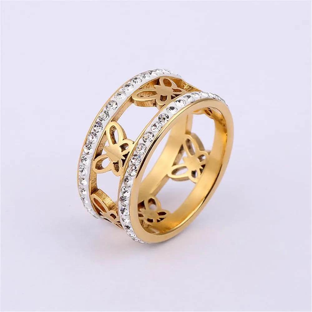 Charm Cubic Zirconia Butterfly Band Ring for Women Couples Stainless Steel Jewelry