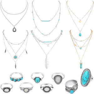 CHENGU 14 Pcs Western Jewelry for Women Boho Turquoise Necklace Rings Jewelry Set Bohemian Joint Knuckle Rings Set for Women (Classic Style)