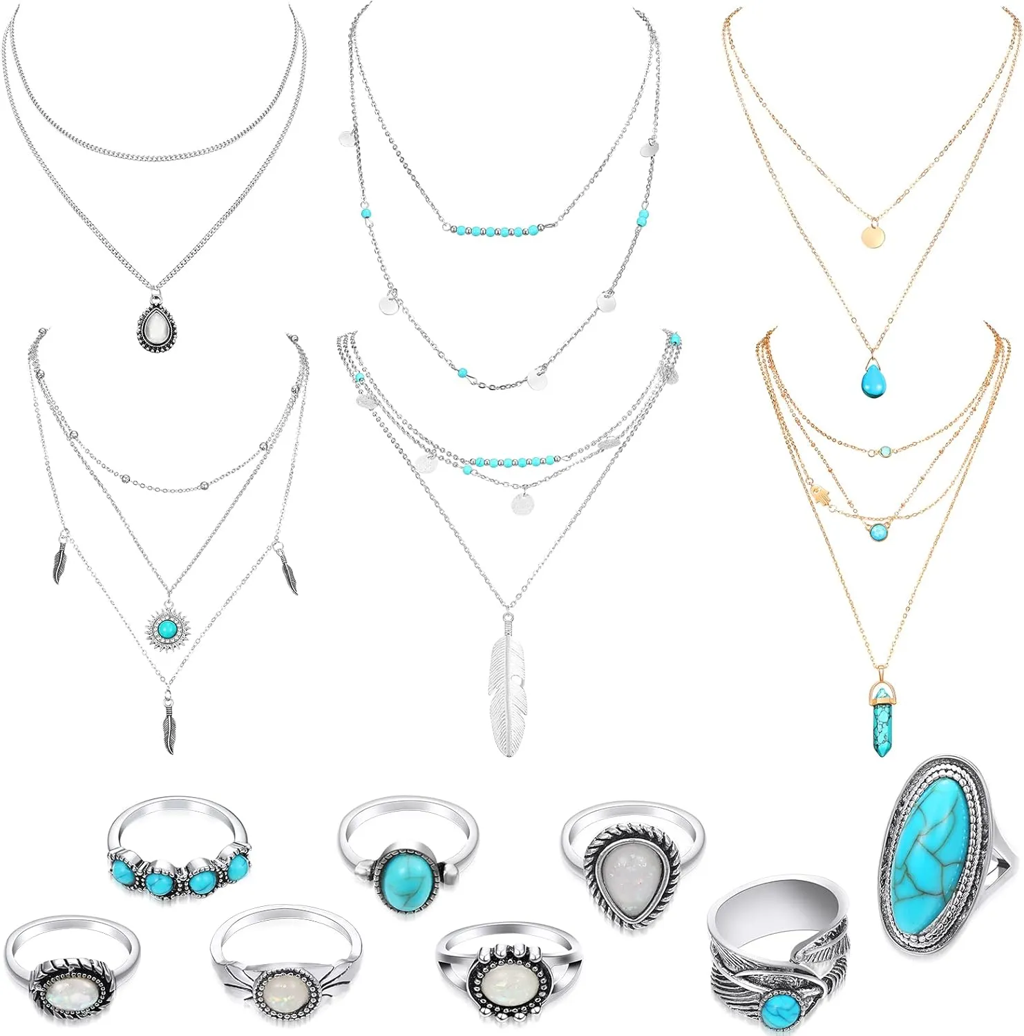 CHENGU 14 Pcs Western Jewelry for Women Boho Turquoise Necklace Rings Jewelry Set Bohemian Joint Knuckle Rings Set for Women (Classic Style)