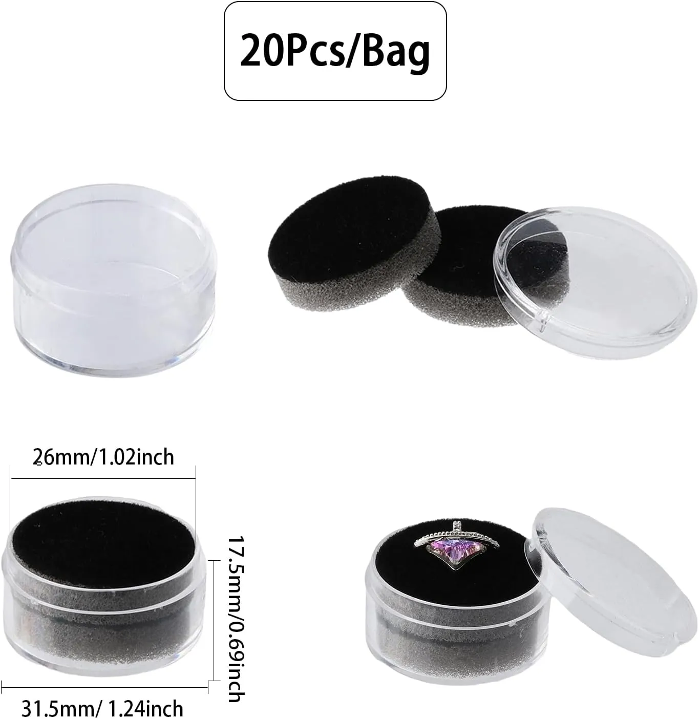 CHGCRAFT 20Pcs Black Mini Round Stone Box Plastic Nail Loose Beads Decorate Storages with Sponge Mat for Jewelry Beads Display Storage, 1.2x0.7Inch