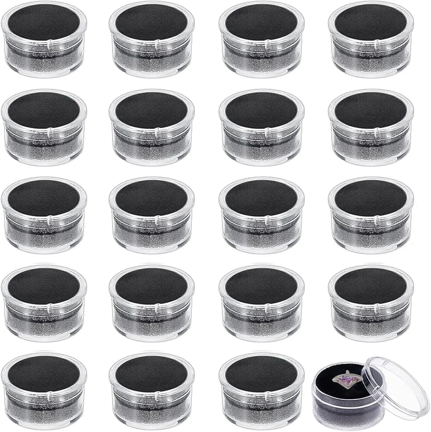 CHGCRAFT 20Pcs Black Mini Round Stone Box Plastic Nail Loose Beads Decorate Storages with Sponge Mat for Jewelry Beads Display Storage, 1.2x0.7Inch