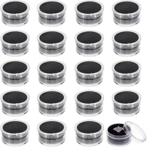 CHGCRAFT 20Pcs Black Mini Round Stone Box Plastic Nail Loose Beads Decorate Storages with Sponge Mat for Jewelry Beads Display Storage, 1.2x0.7Inch