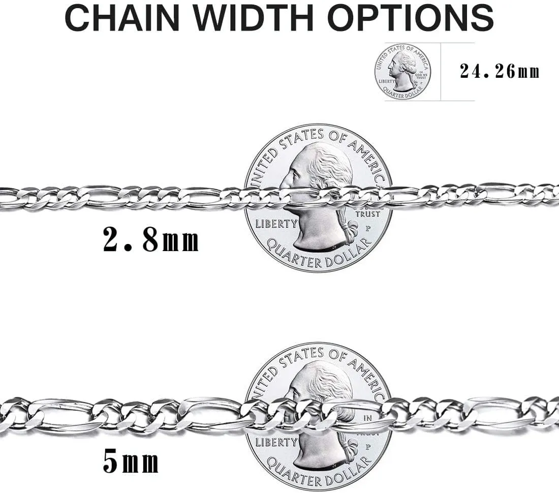 ChicSilver 2.8mm/5mm Solid 925 Sterling Silver Cuban Link/Figaro Chain Necklace for Women Men, 14, 18, 20, 22, 24, 26, 28 Inch(with Gift Box)