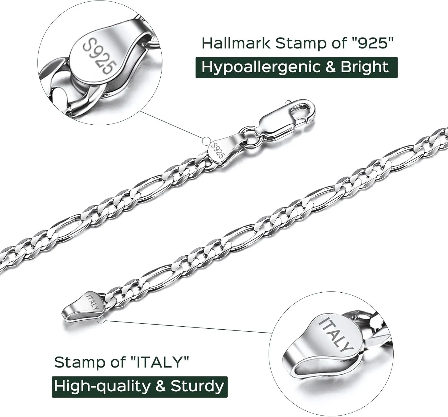 ChicSilver 2.8mm/5mm Solid 925 Sterling Silver Cuban Link/Figaro Chain Necklace for Women Men, 14, 18, 20, 22, 24, 26, 28 Inch(with Gift Box)