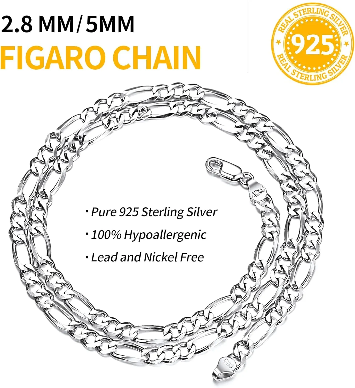 ChicSilver 2.8mm/5mm Solid 925 Sterling Silver Cuban Link/Figaro Chain Necklace for Women Men, 14, 18, 20, 22, 24, 26, 28 Inch(with Gift Box)