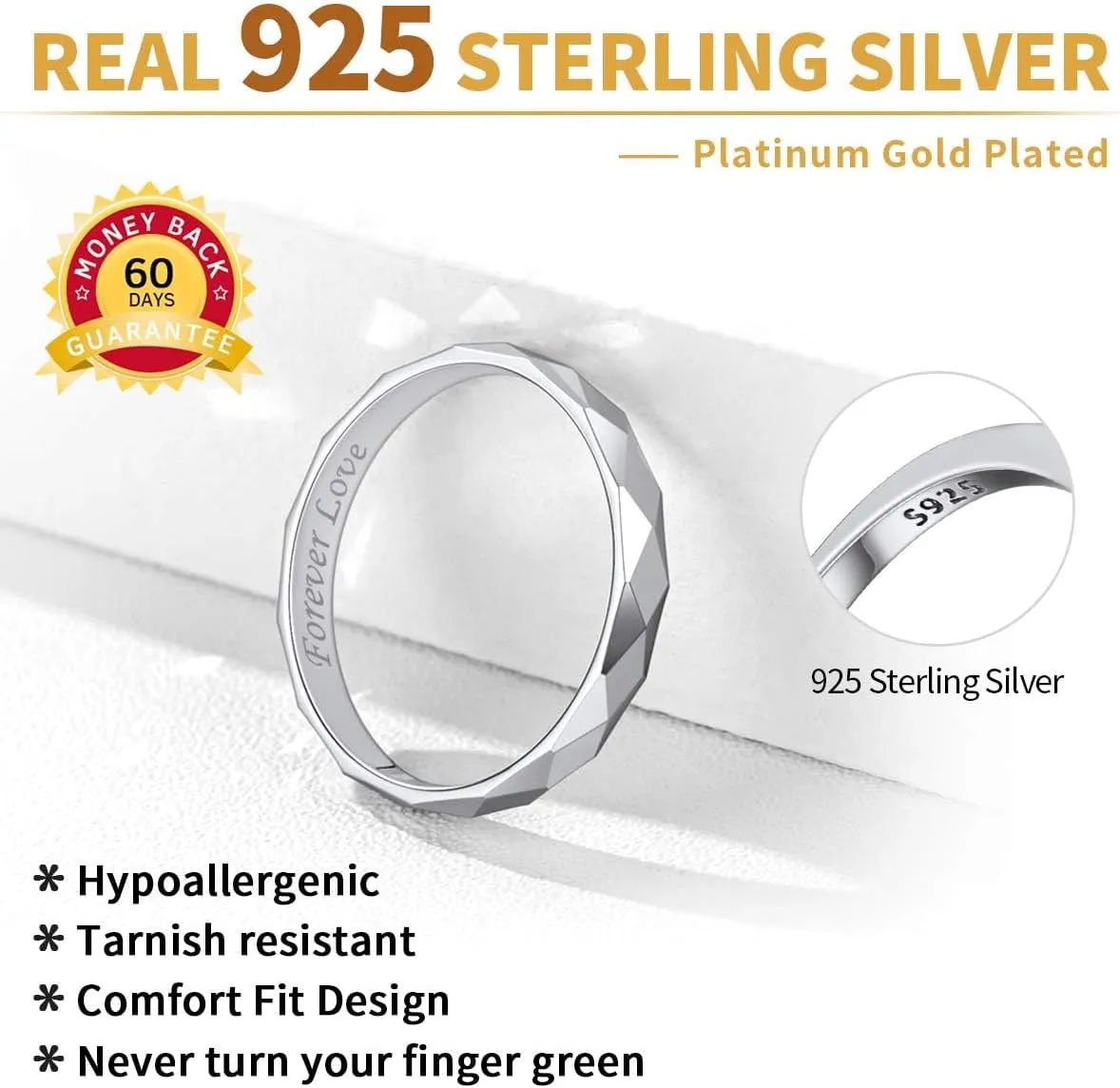 ChicSilver 925 Sterling Silver Ring Customizable Sandblast Finish/Multi-Faceted Ring Wedding Band Comfort Fit Size 4-12 (with Gift Box)