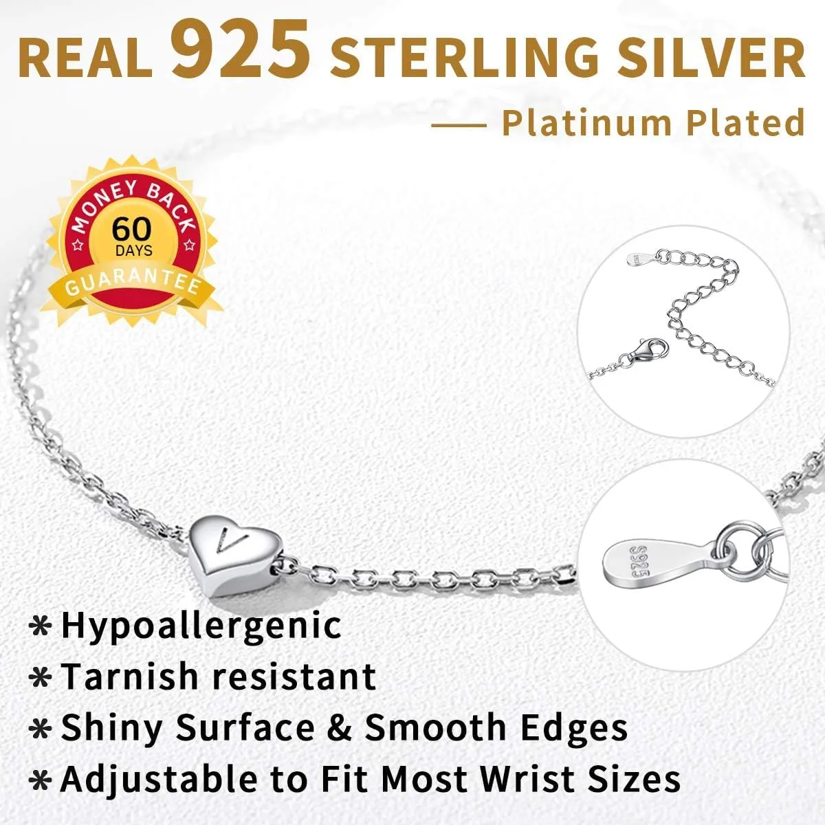 ChicSilver Personalized Heart Initial Bracelet, 925 Sterling Silver Letter Bracelet Fashion Dainty Heart Charm Bracelet for Women(with Gift Box)