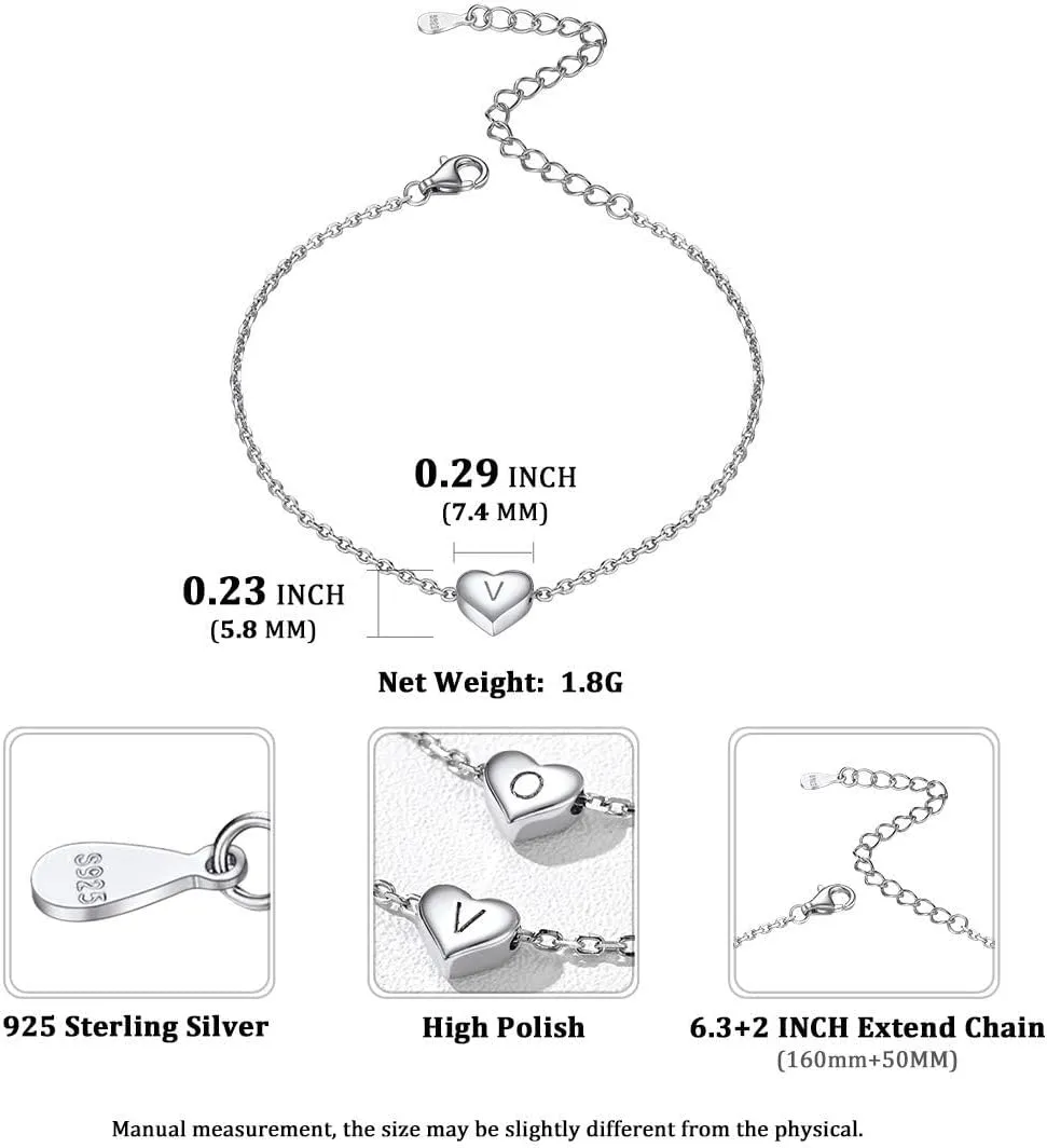ChicSilver Personalized Heart Initial Bracelet, 925 Sterling Silver Letter Bracelet Fashion Dainty Heart Charm Bracelet for Women(with Gift Box)